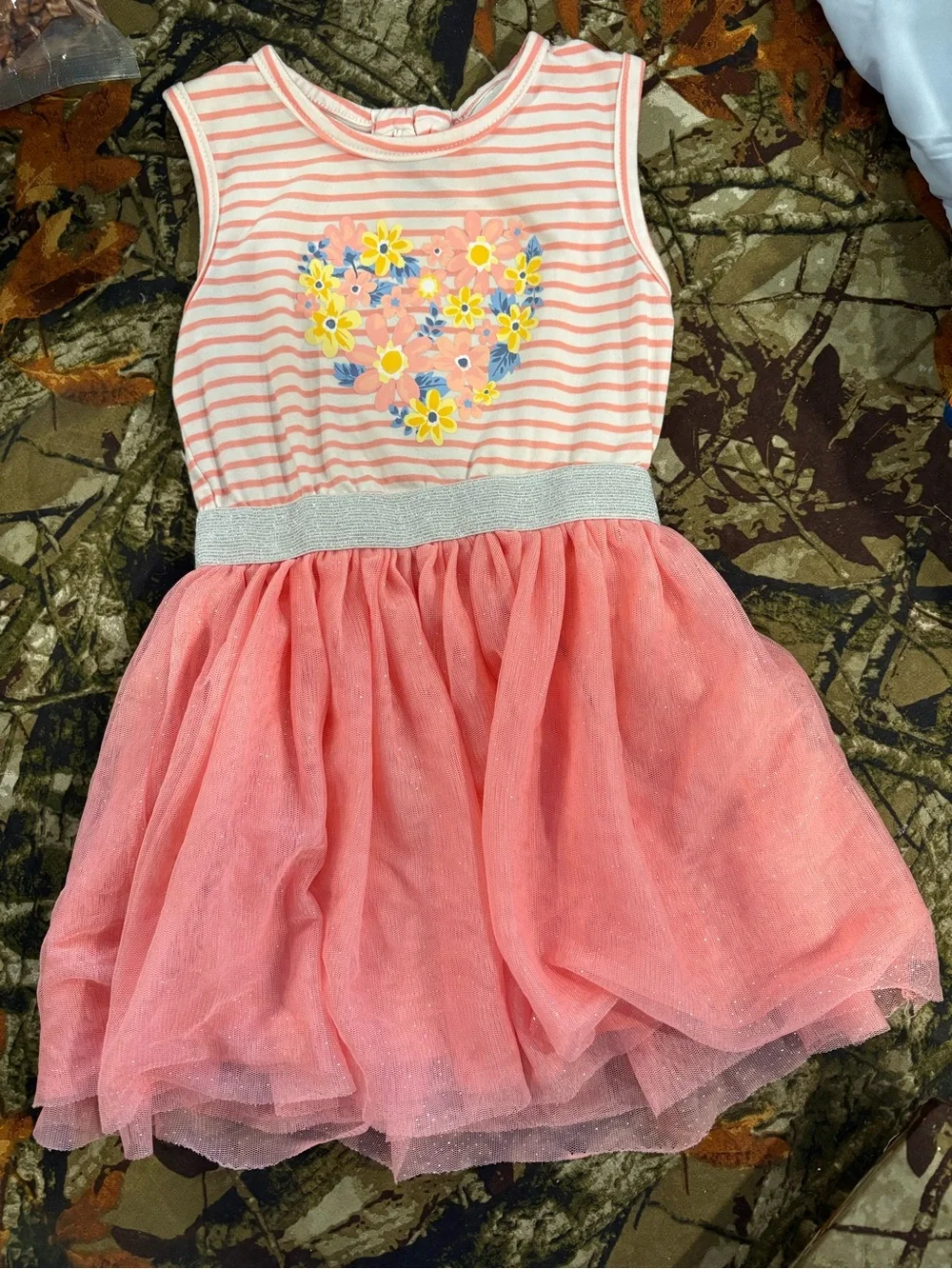 Little Lass Pink Coral Striped Floral Heart Tulle Dress